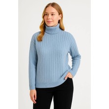 Rawea Fashion Kadın Balıkcı Yaka Bağazlı Triko Kazak Pamuklu Kalın Fitilli Dokuma - Bebek Mavisi