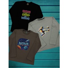 Pidal Giyim Üçlü Avantajlı Paket Pamuklu Baskılı Uzun Kollu Erkek Çocuk Sweatshirt