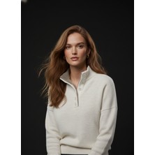 Studio Fashion 1988 Kadın Krem-Vizon Oversize 2 Patlı Düğmeli Kazak