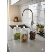 3'lü Borosilikat Cam Optik Çizgili Papatya Kavanoz 350 ml