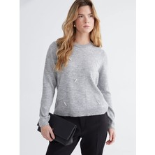 LC Waikiki Lcw Comfort Gri Bisiklet Yaka Inci Işlemeli Kadın Triko Kazak