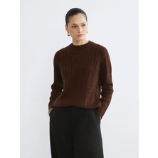 LC Waikiki Lcw Modest Kahverengi Bisiklet Yaka Kendinden Desenli Kadın Triko Kazak