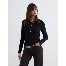 LC Waikiki Soulife Siyah Polo Yaka Kadın Triko Kazak