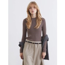 LC Waikiki Lcw Vision Kahverengi Bisiklet Yaka Kendinden Desenli Kadın Triko Kazak