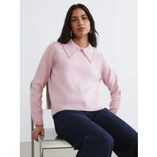 LC Waikiki Lcw Modest Pembe Bebe Yaka Boncuk Işlemeli Kadın Triko Kazak