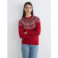 LC Waikiki Lcwaıkıkı Classic Kırmızı Bisiklet Yaka Desenli Kadın Triko Kazak