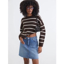 LC Waikiki Xsıde Kahverengi Bisiklet Yaka Çizgili Oversize Kadın Triko Kazak