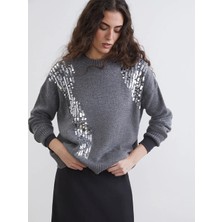 LC Waikiki Lcw Vision Antrasit Bisiklet Yaka Pul Işlemeli Kadın Triko Kazak