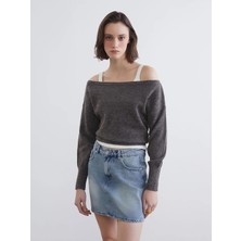 LC Waikiki Xsıde Kahverengi Kayık Yaka Oversize Kadın Triko Kazak