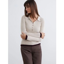 LC Waikiki Soulife Ekru Polo Yaka Kadın Triko Kazak