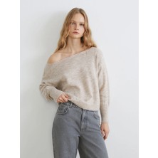 LC Waikiki Xsıde Bej Kayık Yaka Oversize Kadın Triko Kazak