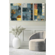 Geometrik Mavi & Altın Dokulu Soyut 3’lü Kanvas Tablo