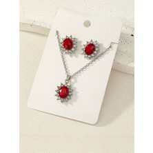 Alya's Aksesuar Fransız Tarzı Kırmızı Taşlı Takı Seti