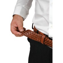 Atlas Deri Hakiki Deri Örgü Erkek Kemer | Şık ve Gösterişli -Taba