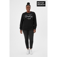 Superlife Kadın Büyük Beden El Yazılı Brooklyn Baskılı  Bisiklet Yaka Ince Sweatshirt SPR26BSWK956-6