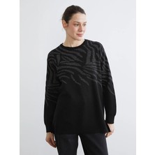 LC Waikiki Lcw Grace Siyah Bisiklet Yaka Desenli Kadın Triko Kazak