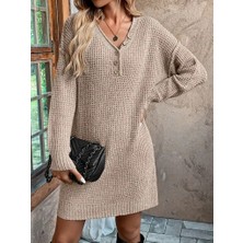 Arben Boutique Kadın Uzun Kollu V Yakalı Düğmeli Mini Triko Taş Renkli Elbise