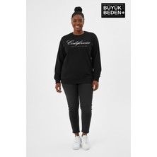 Superlife Kadın Büyük Beden El Yazılı California Baskılı Bisiklet Yaka Ince Sweatshirt SPR26BSWK956-7