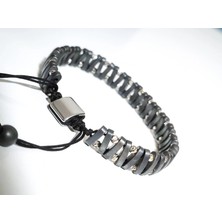 Parlak Gri Hematit Taşlı Ayarlanabilir Erkek Bileklik