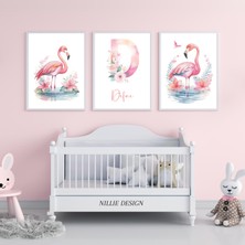 Nillie Design - Pembe Flamingolu 3'lü Isimli Tablo, Doğal Ahşap Çerçeveli Bebek ve Çocuk Odası Tablo Seti