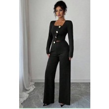 Arben Boutique Kadın Uzun Kol Kare Yaka Asimetrik Düğme Detay Bluz ve Yüksek Bel Pantolon Ikili Takım