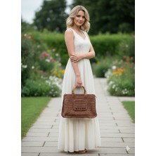 TRENDHAZAN Kağıt Iplikten El Örgüsü Çapraz Ip Askılı Ahşap Tutamaçlı Astarsız Önden Cepli Omuz Çantası