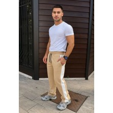 Giyim Center Erkek Üç Iplik Kışlık Pamuklu Yandan Garneli Kalın Şeritli Cepli Eşofman Altı - Bej