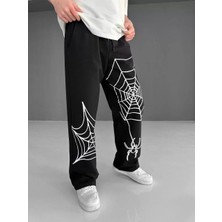 Giyim Center Iki Iplik Kumaş Örümcek Baskılı Esofman - Siyah