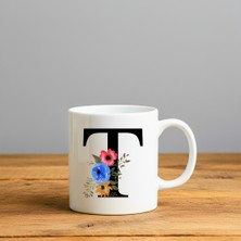 Finka Dekor Çiçek Desen T Harfi Tasarımlı-Kişiye Özel Seramik Kupa