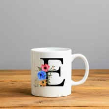 Finka Dekor Çiçek Desen E Harfi Tasarımlı-Kişiye Özel Seramik Kupa