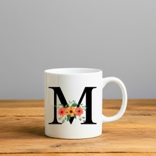 Finka Dekor Çiçek Desen M Harfi Tasarımlı-Kişiye Özel Seramik Kupa