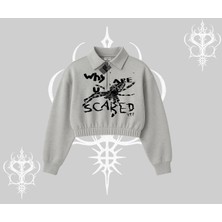 Beyaz Crop Yarım Fermuarlı Sweatshirt Why Are U Scared