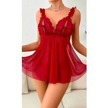 Efil Efil Kadın Kırmızı Tül Gecelik Fırfırlı Fiyonklu Şık Giysi Tanga Hediyeli İç Giyim Seksi Gecelik Fantezi İç Giyim