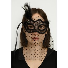 Seçkin Trend Siyah Renk Siyah Puantiyeli Duvaklı Incili Parti Maskesi