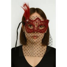 Seçkin Trend Kırmızı Renk Dantelli Duvaklı Incili Parti Maskesi B