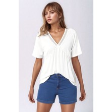 Mamayaga Kadın V Yaka Yarım Kol Yakası File Detay Şık Örme Rahat Kalıp Yazlık Bluz