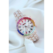 Just Cheap Store Clariss Trend Rose Metal Kordonlu Zirkon Taş Kaplama Renkli Taşlı Kasa Tasarımlı Lüx Kadın Kol Saati