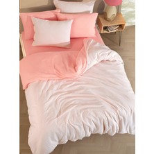 Cottonest Pamuklu Çizgili Çift Kişilik Nevresim Seti – Somon & Beyaz, Düğmeli Model