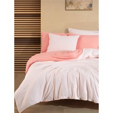 Cottonest Pamuklu Çizgili Çift Kişilik Nevresim Takımı – Somon & Beyaz, Düğmeli Model