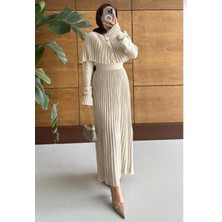 SFG Life Moda Kadın Pelerinli Iki Parça Fitilli Triko Elbise