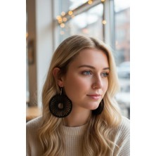 Siyah Ahşap Daire Küpe - Güneş Işını Desenli Lazer Kesim Etnik Küpe