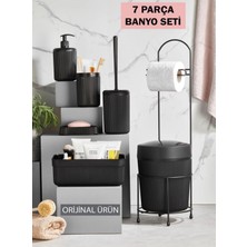 Mavi Concept 7 Parça Banyo Seti Çöp Kovalı Tuvalet Kağıtlığı ve Fırçası - Kozmetik Kutusu - Diş Fırçalık - Katı ve Sıvı sabunluklar