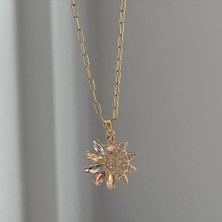 Stainless Işıltılı Çiçek" Çok Renkli Zirkon Taşlı Kalın Zincir Kolye