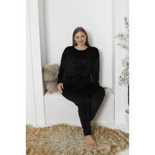 Pijamoni Kadın Büyük Beden Yumuşak Kadife K. Siyah Pijama Takımı