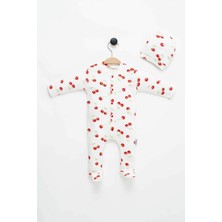 NEU KIDS Yenidoğan Bebek Kiraz Baskılı Şapkalı Uyku Tulumu 2 Parça 0-3 Ay Hastane Çıkışı %100 Pamuk