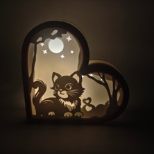 J&K Dizayn Mini Kalp Içinde Sevimli Kedi Silüeti Işıklı Dekor | 13X13 cm LED Hediyeli Masaüstü Gece Lambası
