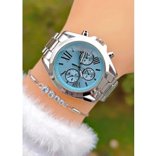 Weluxa Özel Kutusunda Gümüş Renk Açık Mavi Kadran Roma Rakamlı Kadın Kol Saati Bileklik Hediyeli