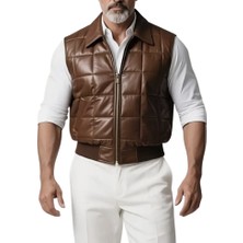 Nyc Giyim Tekstil Hakiki Kuzu Derisi Erkek Yelek, Kahverengi, Fermuarlı, Gömlek Yaka, Ribanalı Bel, Saten Astarlı, 5 Cepli