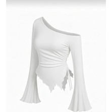 Şık Kadın Ekru Yan Bağcıklı Uzun Kollu Bluz