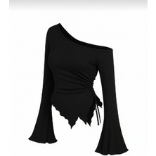 Şık Kadın Siyah Yan Bağcıklı Uzun Kollu Bluz